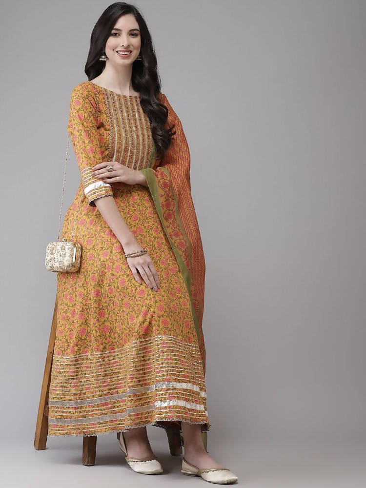 Yufta Yellow Printed kurta with Trouser Dupatta Set | Grocsy