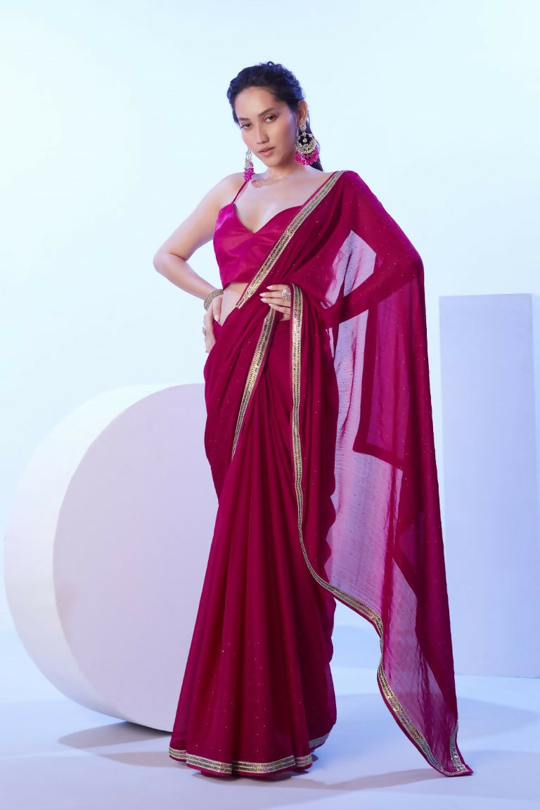 Pink Satin Moss Solid Designer & Lace Work Saree - Samaa | Grocsy