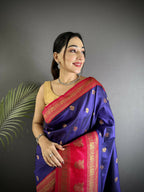 Joban Fashion Navy Blue Banarasi Soft Silk Woven Butti Saree | Grocsy