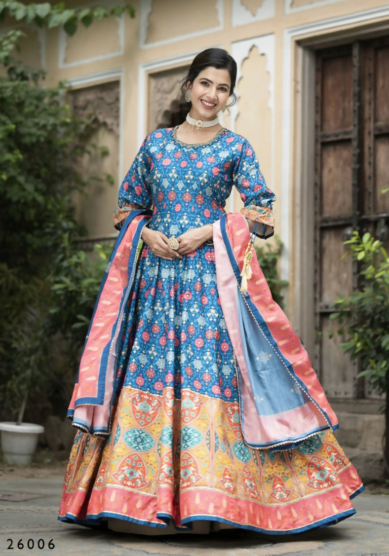 Wedding Designer Blue Soft Dola Silk Anarkali suit with Dupatta - Samanta | Grocsy