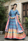 Wedding Designer Blue Soft Dola Silk Anarkali suit with Dupatta - Samanta | Grocsy