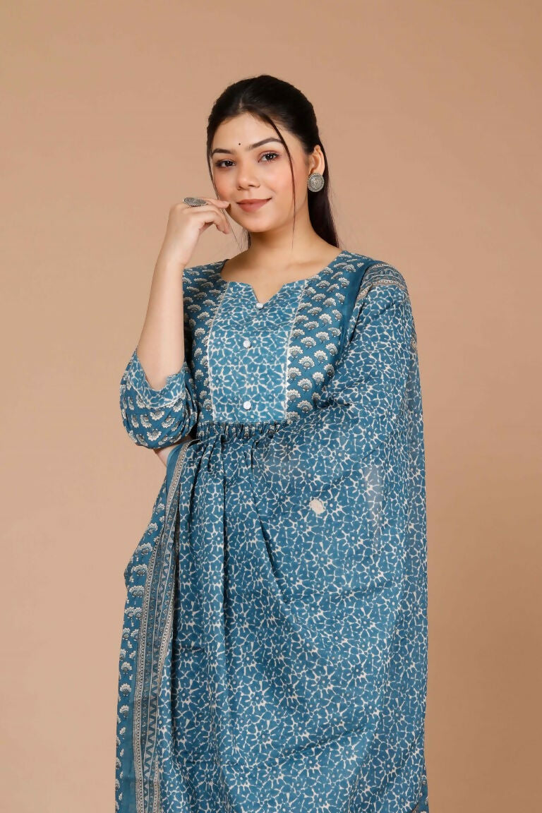 Miravan Women's Blue Ethnic Motifs Printed Gotta Patti Cotton Kurta With Palazzo & Dupatta | Grocsy