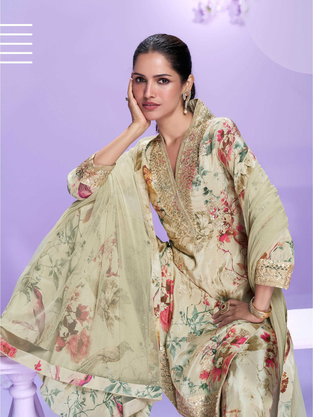 Anaita Cream Chinon Readymade Palazzo Suit with Digital Embroidery Work | Grocsy