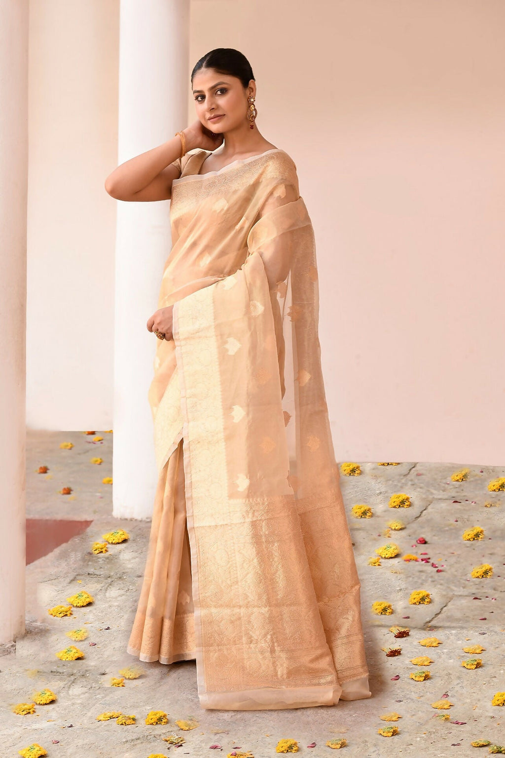 Joban Fashion Gold Banarasi Kora Tissue Pure Handloom Banarasi Silk Saree | Grocsy