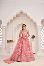 Eilara Women'S Peach Butterfly Net White Cotton Thread And Zari Sequence Embroidered Work Lehenga Choli For Party Wear | Grocsy