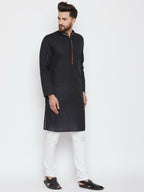 Even Apparels Black Color Pure Cotton Men's Kurta With Band Collar | Grocsy