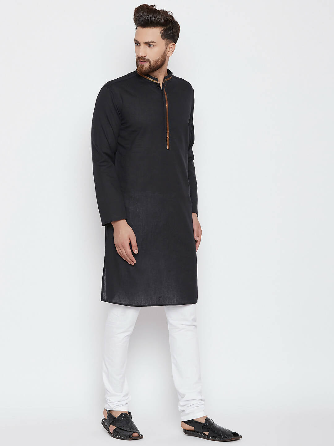Even Apparels Black Color Pure Cotton Men's Kurta With Band Collar | Grocsy