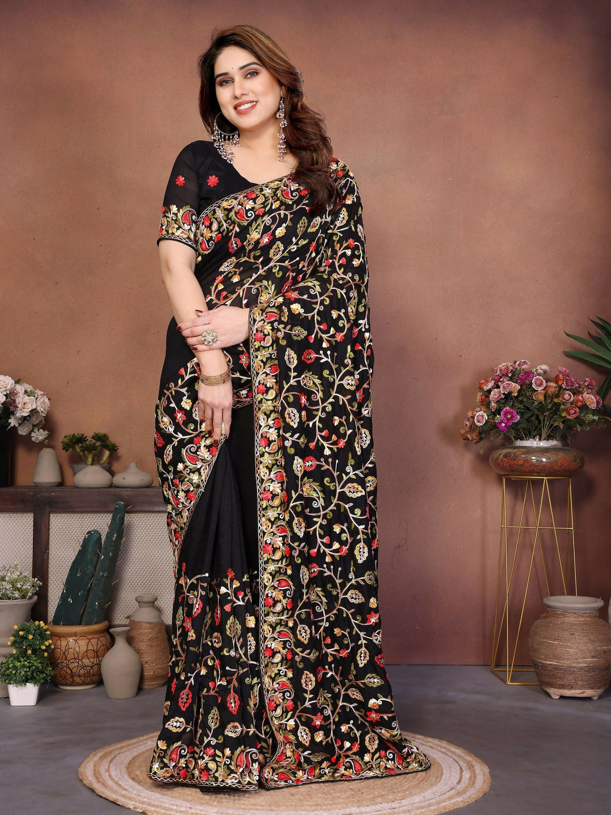 Teeya Creation New Latest Party Wear Lucknowi Soft Silk Saree-Black | Grocsy