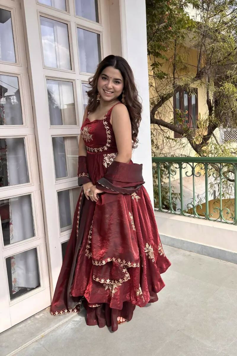 Teeya Creation Womens Best Heavy Quality Fabric With Met Sequence Embroidery Zari Work Maroon Gown Set | Grocsy