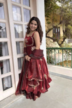 Teeya Creation Womens Best Heavy Quality Fabric With Met Sequence Embroidery Zari Work Maroon Gown Set | Grocsy