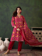 Sangria Printed V- Neck Kurta, Trouser & Dupatta Set | Grocsy