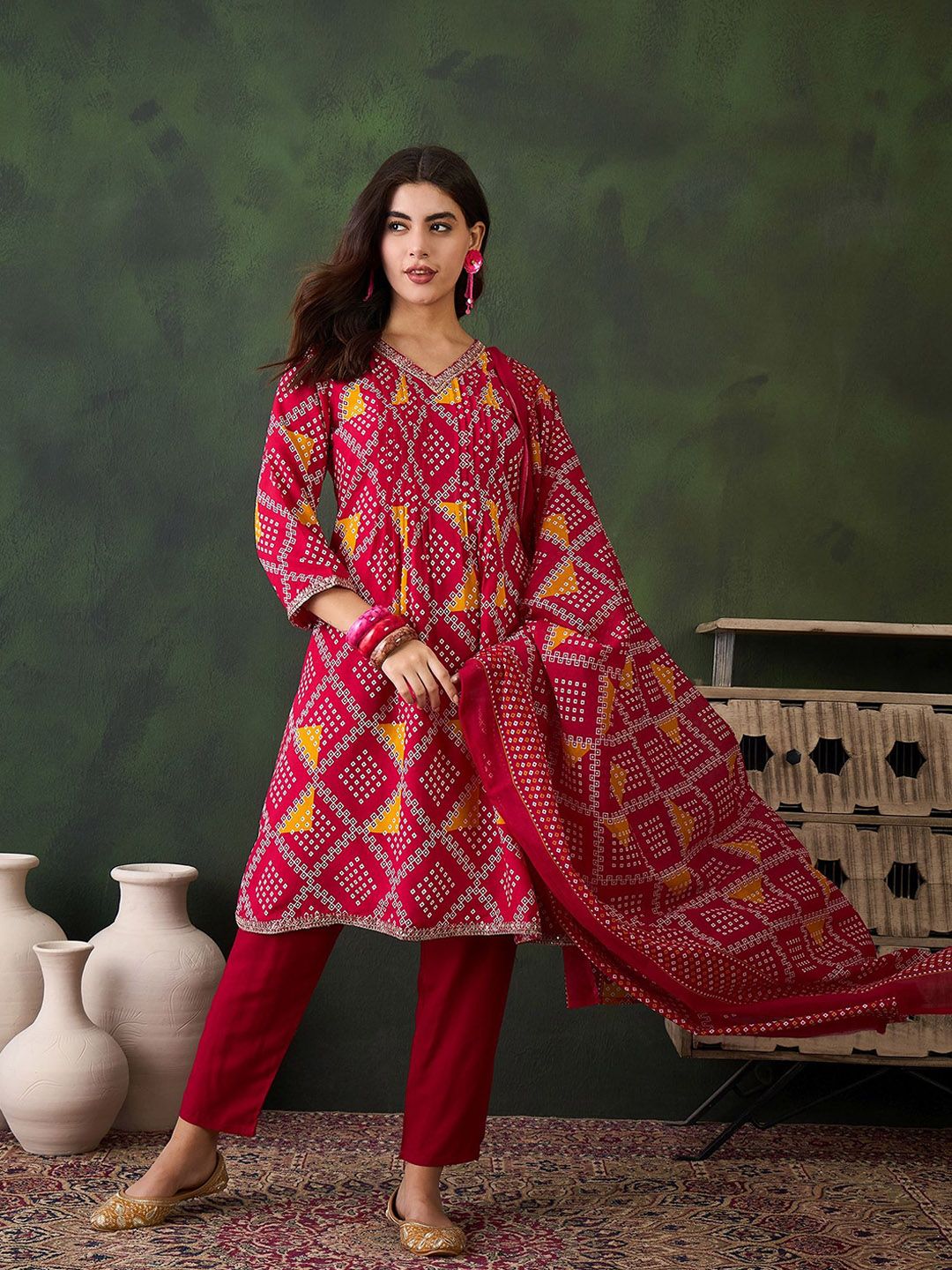 Sangria Printed V- Neck Kurta, Trouser & Dupatta Set | Grocsy