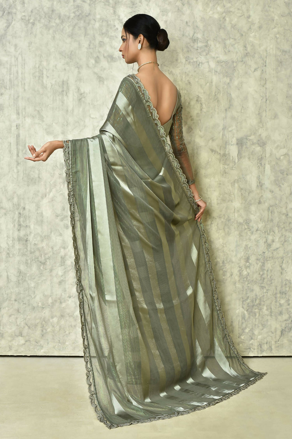 Grey Silk Stripe Saree With Blouse Piece - Purvi | Grocsy