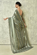 Grey Silk Stripe Saree With Blouse Piece - Purvi | Grocsy