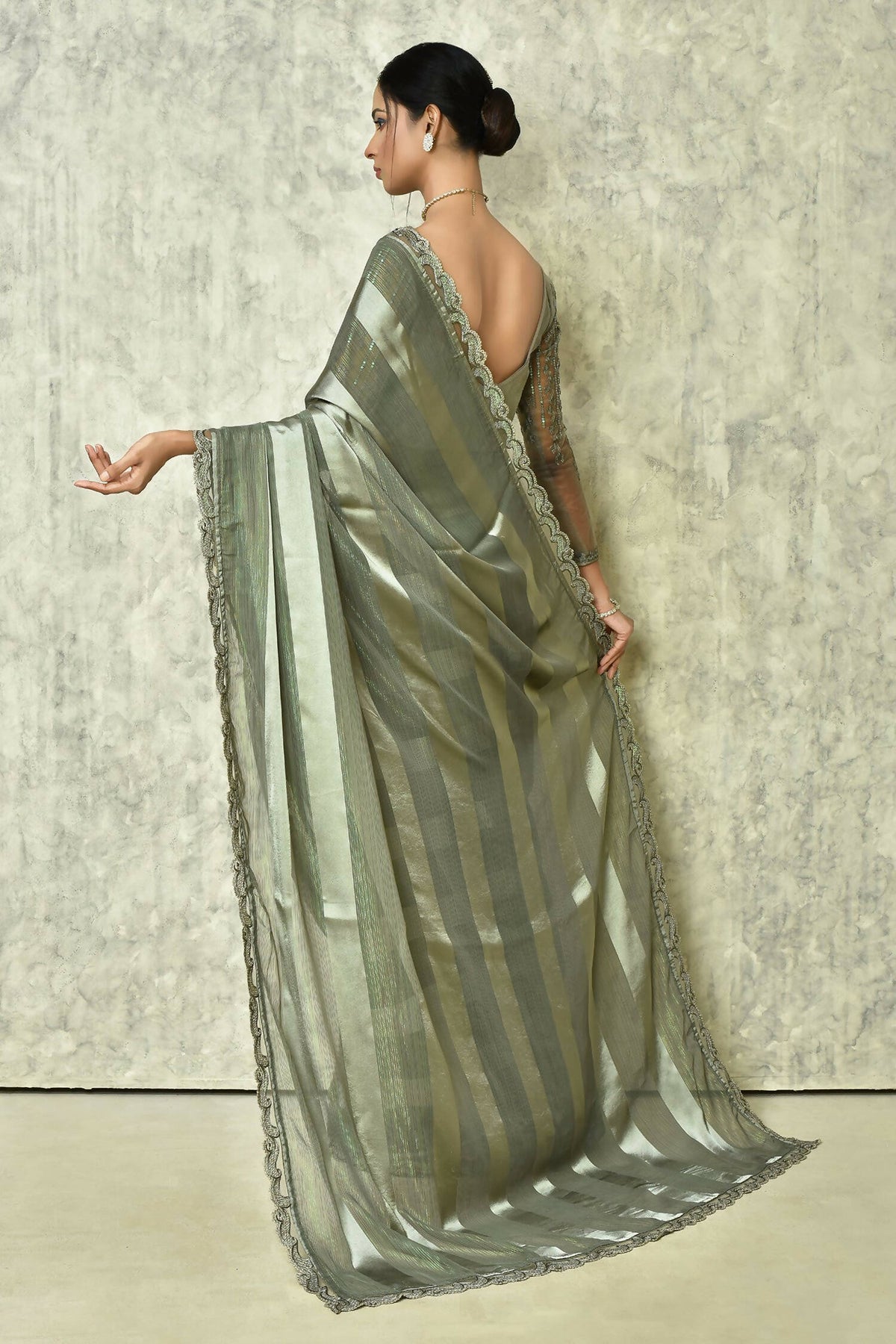 Grey Silk Stripe Saree With Blouse Piece - Purvi | Grocsy