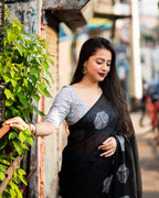 Black Pure Linen Woven Design Saree with Unstitched Blouse - A2M | Grocsy