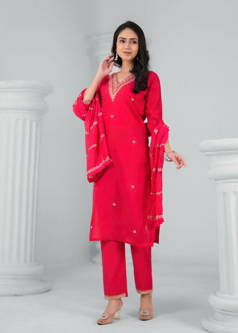 Ethnic Festive Wear Chanderi Red Stitched Suit With Dupatta - Tanisha | Grocsy