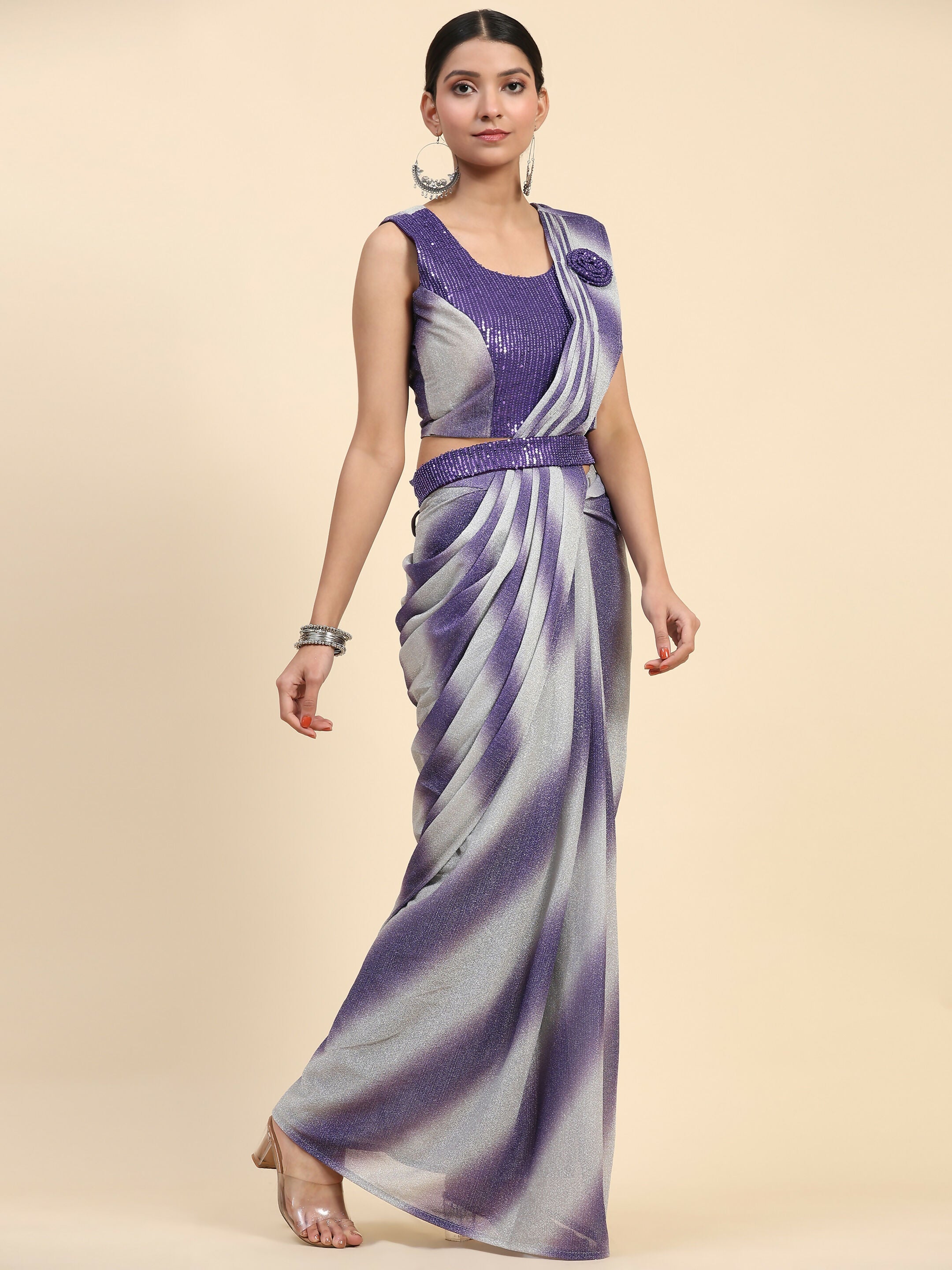 Purple Polyester Solid Ready to Wear Saree with stitched Blouse - Aayan | Grocsy