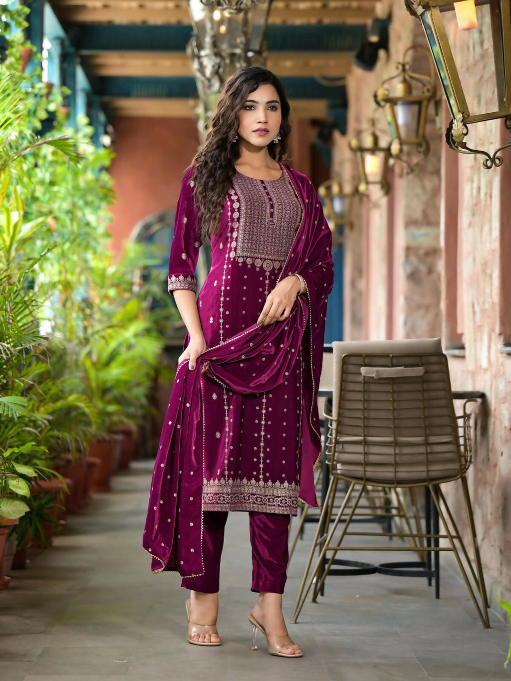 Juniper Women's Wine Ethnic Motif Printed Velvet Kurta Set With Lace | Grocsy