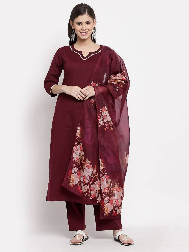 Myshka Women's Burgundy Cotton Solid 3/4 Sleeve Square Neck Casual Kurta Pant Dupatta Set | Grocsy