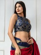 Amodini Designer Studio Women's Banarsi Brocade Sleeveless Blue Blouse | Grocsy