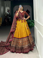 Vastranavya Bandhej And Ajarakh Print Tussar Silk Lehenga Choli - Mustard | Grocsy
