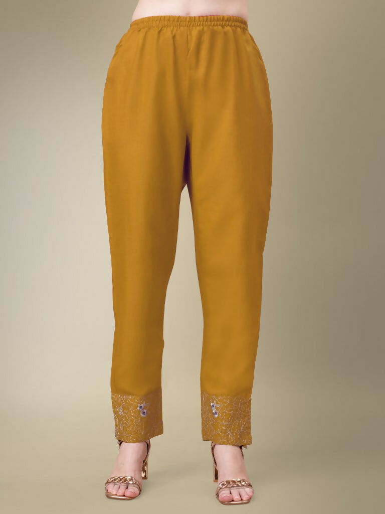 Jyoti Fashion Women's Yellow Cotton Blend Embroidery & Fancy Lace work Kurta with Trouser & Dupatta | Grocsy