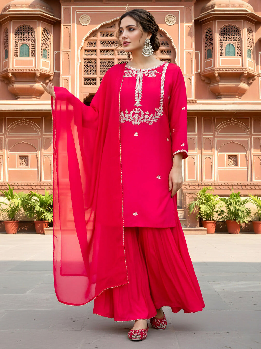 The52 Women's Gorgeous Embroidery Work Viscose Silk Fabric Straight Kurta Palazzo and Dupatta Set-Red | Grocsy