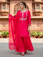 The52 Women's Gorgeous Embroidery Work Viscose Silk Fabric Straight Kurta Palazzo and Dupatta Set-Red | Grocsy