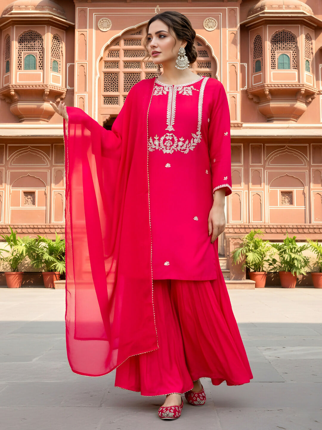 The52 Women's Gorgeous Embroidery Work Viscose Silk Fabric Straight Kurta Palazzo and Dupatta Set-Red | Grocsy