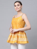 Ahalyaa Women Mustard Pure Cotton Porcian Print Shoulder Straps Tunic | Grocsy