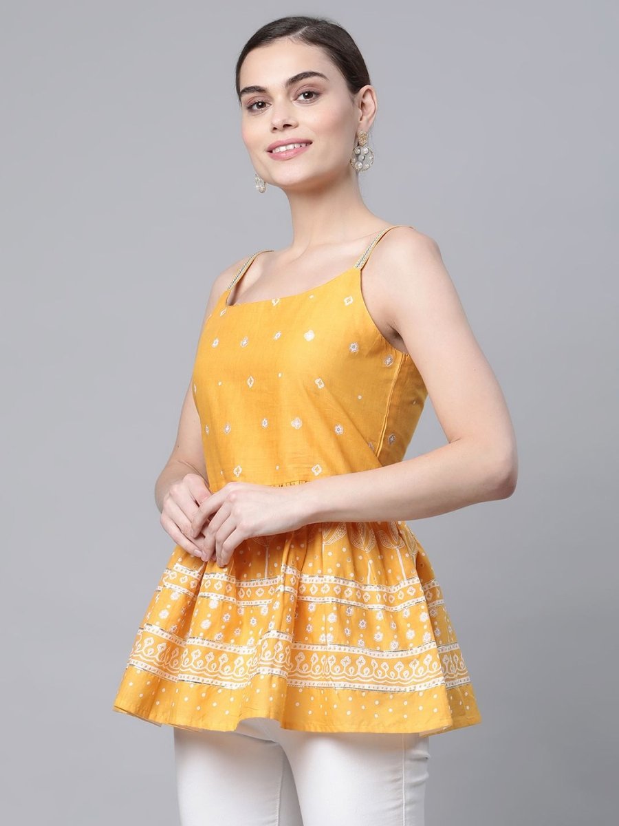 Ahalyaa Women Mustard Pure Cotton Porcian Print Shoulder Straps Tunic | Grocsy