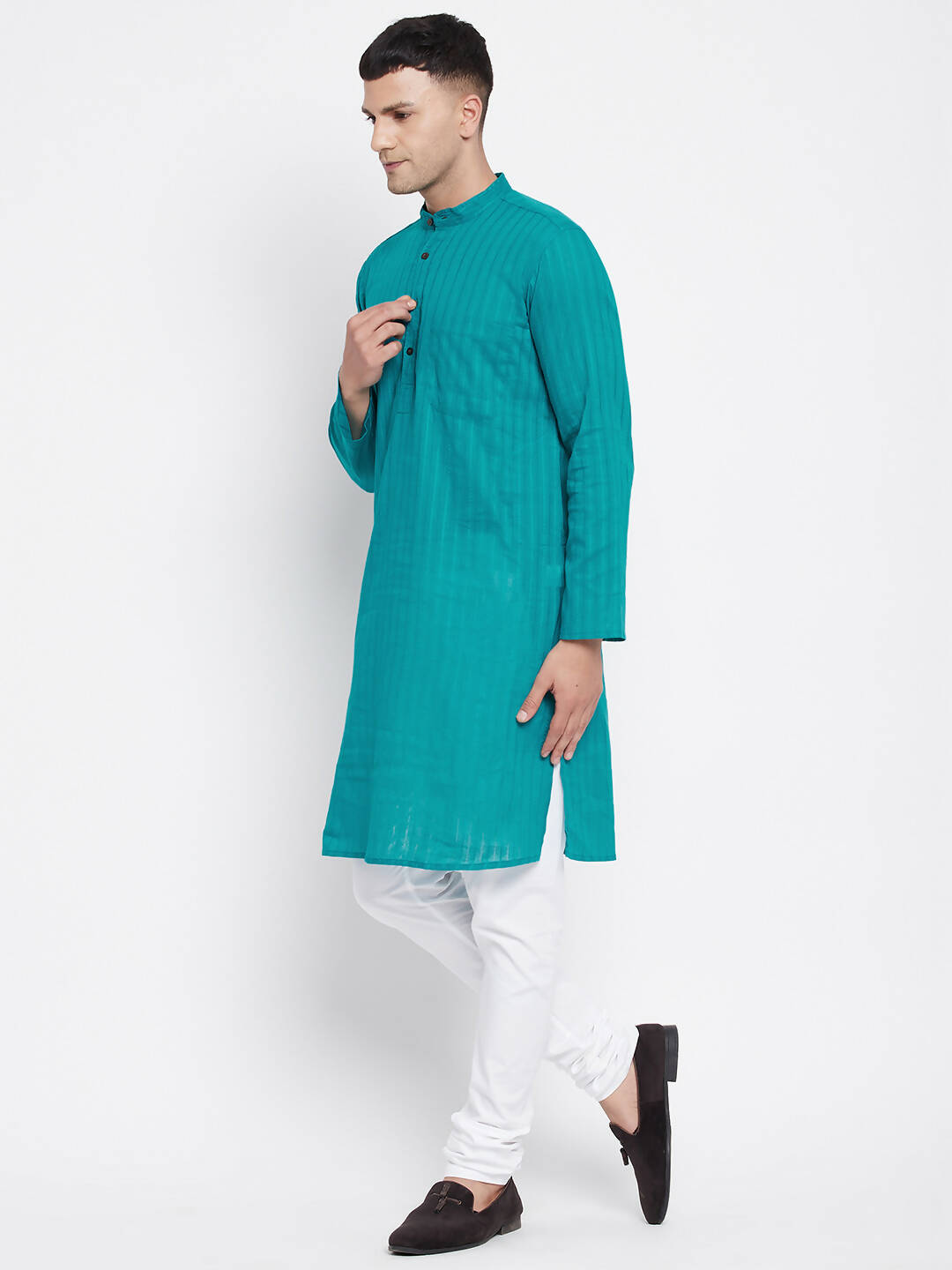 Even Apparels Green Pure Cotton Men's Kurta With Band Collar | Grocsy