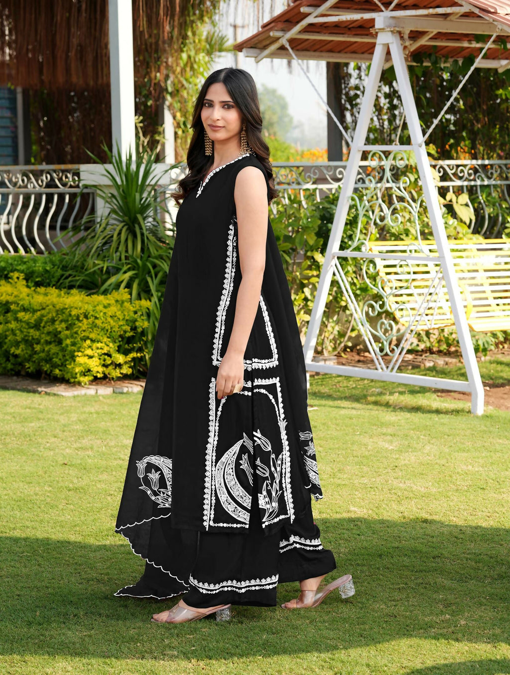 Nikhaar Black Embroidered Modal Silk Stitched Straight Cut Kurta Culottes Dupatta Readymade Suit | Grocsy