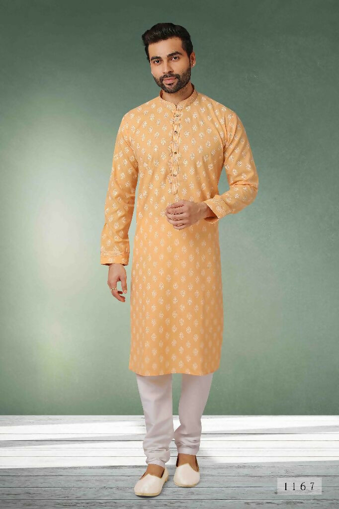 Raivat Ethnic Cotton Printed Work Kurta Pajama In Peach Colour | Grocsy