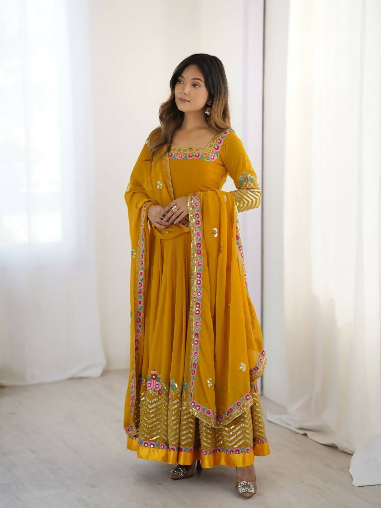 Teeya Creation Yellow Color Heavy Georgette Wedding Wear Embroidery Work Long Gown | Grocsy