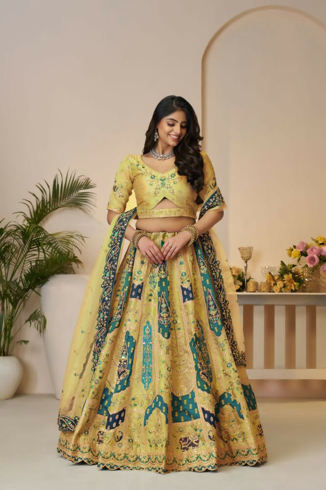 Kesar Fab Yellow Banarasi Silk Embroidered Lehenga | Grocsy