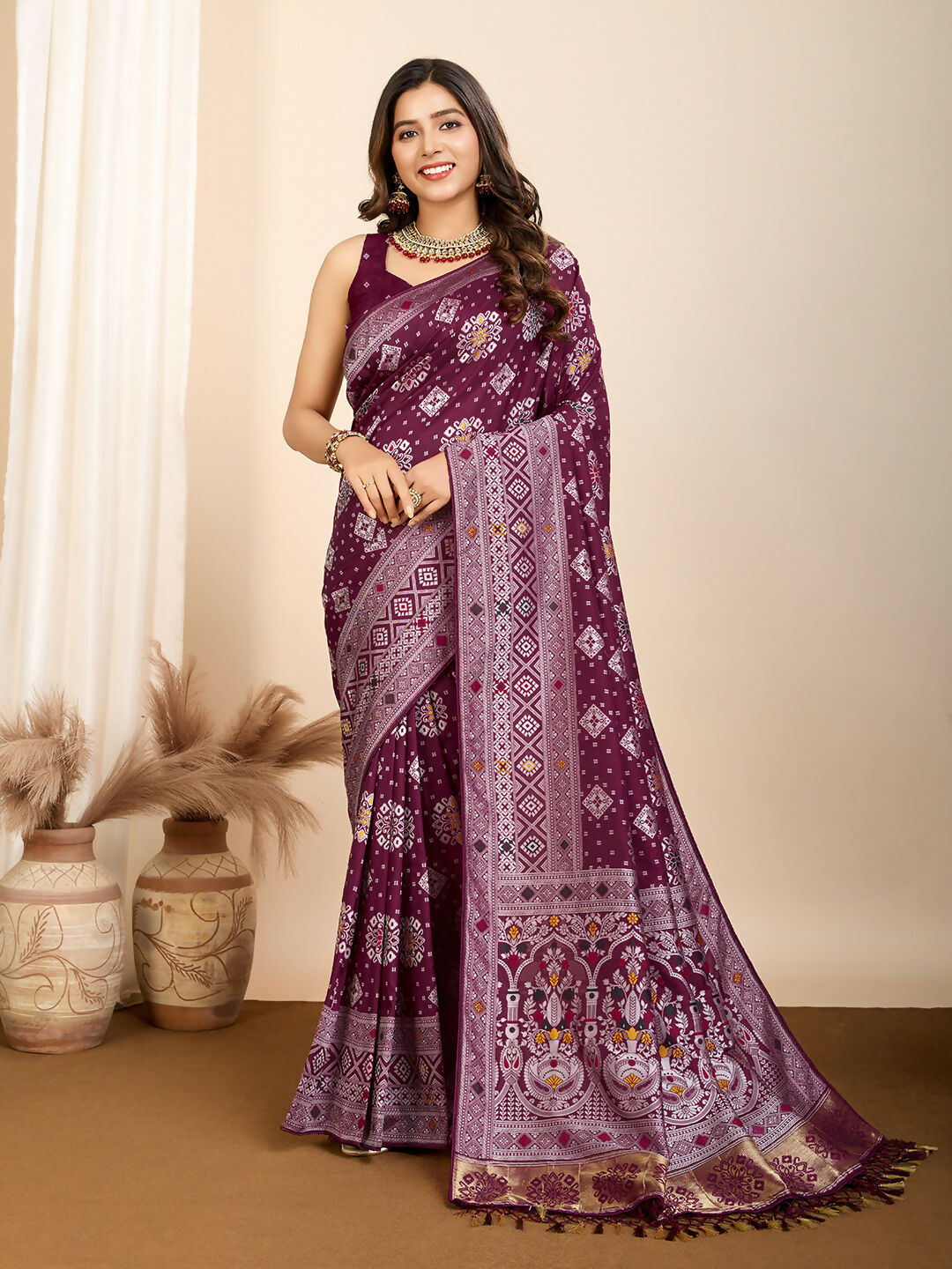 Wine Soft Silk Woven Meenakari Designer Saree - Vedanti | Grocsy