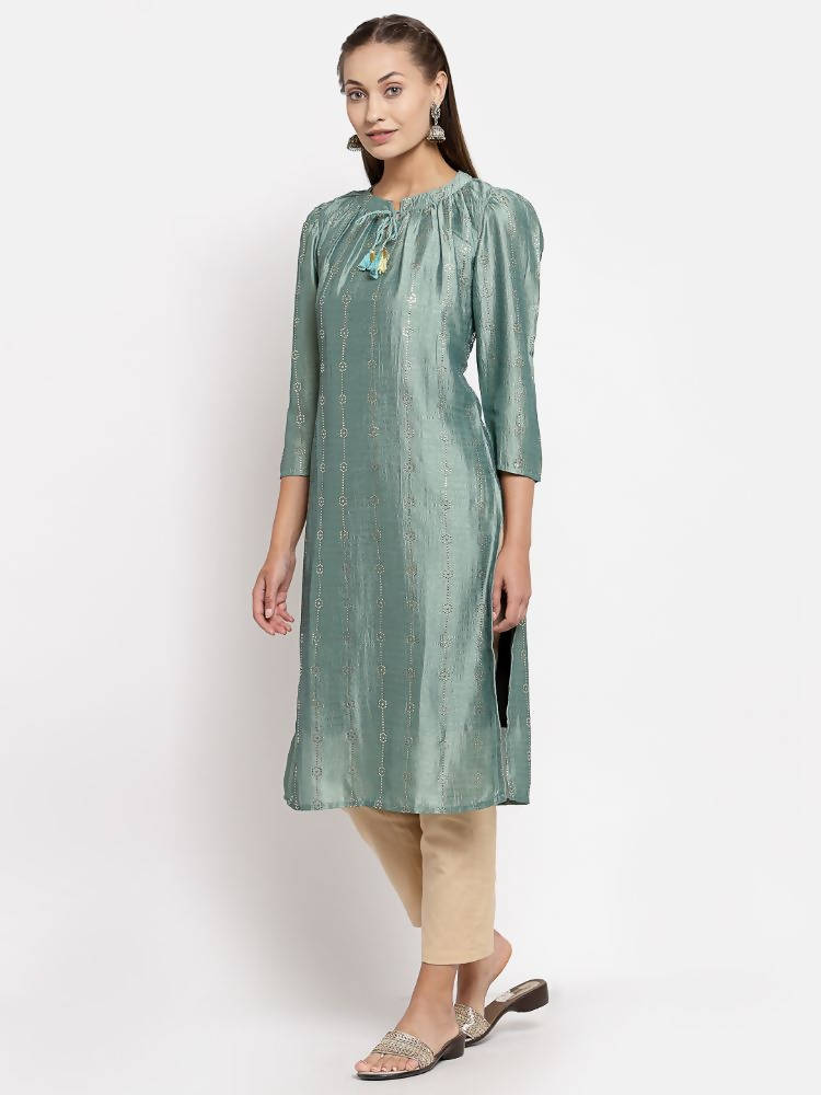 Myshka Women's Green Silk Solid Full Sleeve Round Neck Casual Kurta | Grocsy