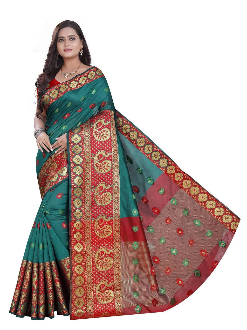 Vamika Banarasi Cotton Silk Rama Green Weaving Saree | Grocsy