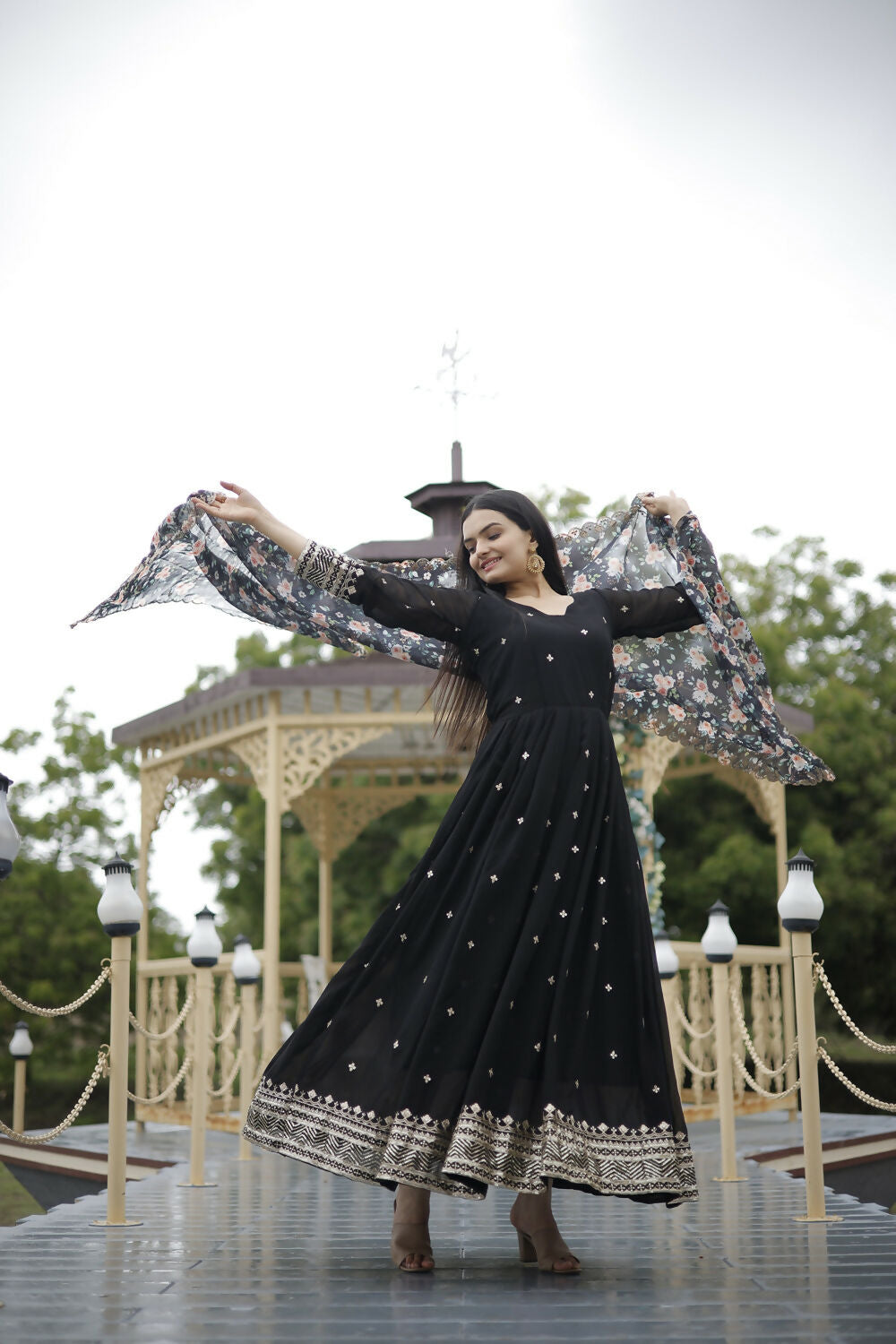 Aayaa Designer Embroidery Zari Sequins-Work Faux Blooming Georgette Suit - Black | Grocsy