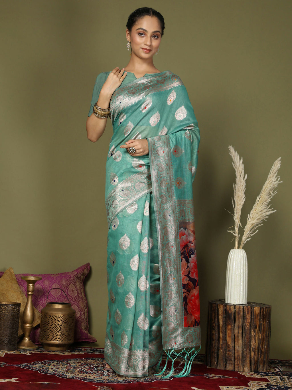 Shree Shyam Fashion Linen Cotton Rama Green Saree | Grocsy