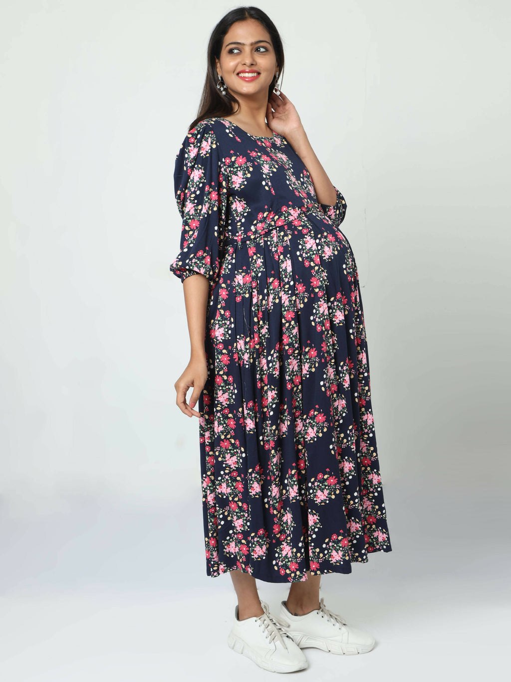 Manet Three Fourth Maternity Dress Floral Print With Concealed Zipper Nursing Access - Navy Blue | Grocsy