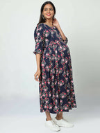 Manet Three Fourth Maternity Dress Floral Print With Concealed Zipper Nursing Access - Navy Blue | Grocsy