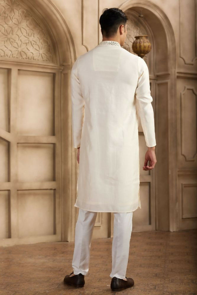 Raivat Ethnic Banarasi Art Silk Mirror Work Kurta Pajama In Cream Colour | Grocsy