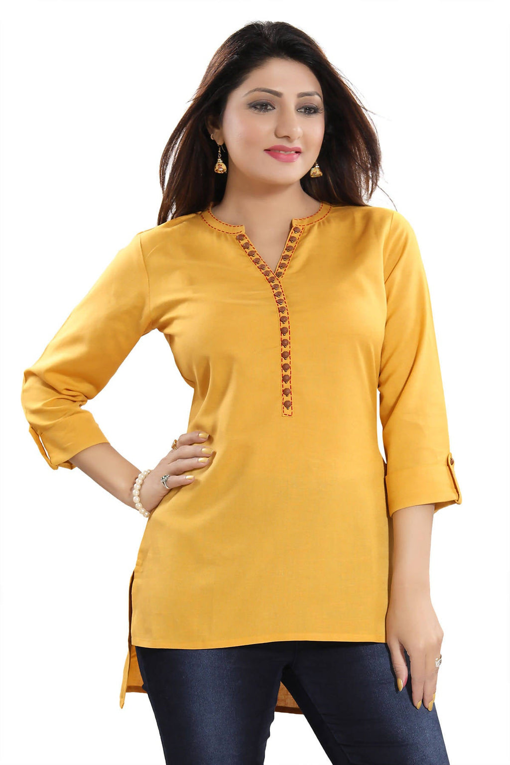 Snehal Creations Desirable Mustard Rayon Cotton Hi-Low Short Kurti Top | Grocsy