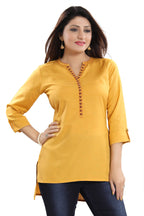 Snehal Creations Desirable Mustard Rayon Cotton Hi-Low Short Kurti Top | Grocsy