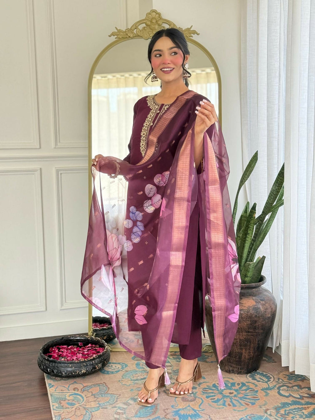 The52 Wine Women's Gorgeous Rayon Fabric Embroidered Work Straight Kurta Pant and Dupatta Set | Grocsy