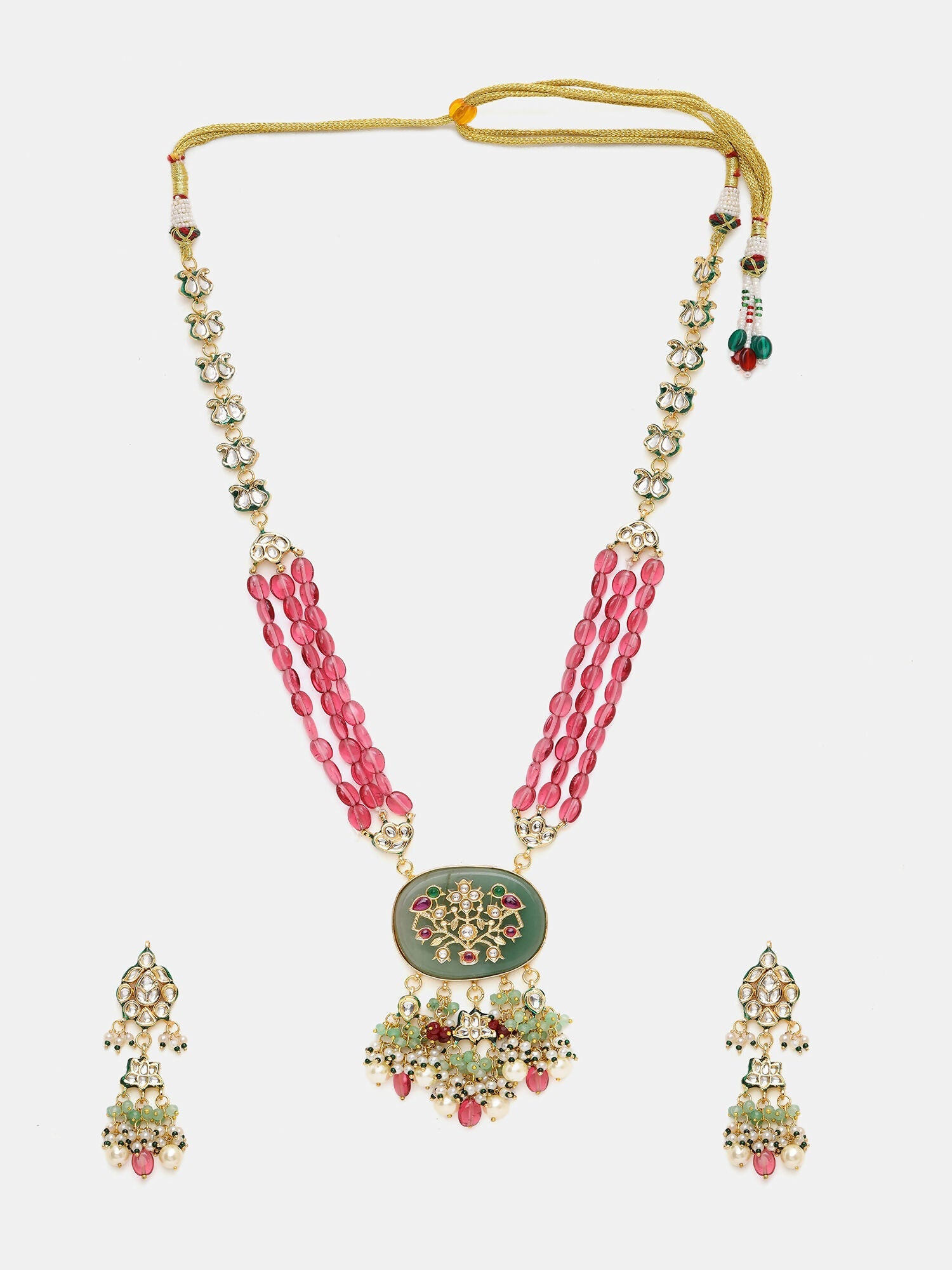 Ruby Raang 22k Gold Polished Long Multi Kundan Necklace With Earrings | Grocsy