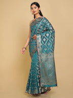 Kalamandir Checked Dark Blue Silk Blend Saree | Grocsy